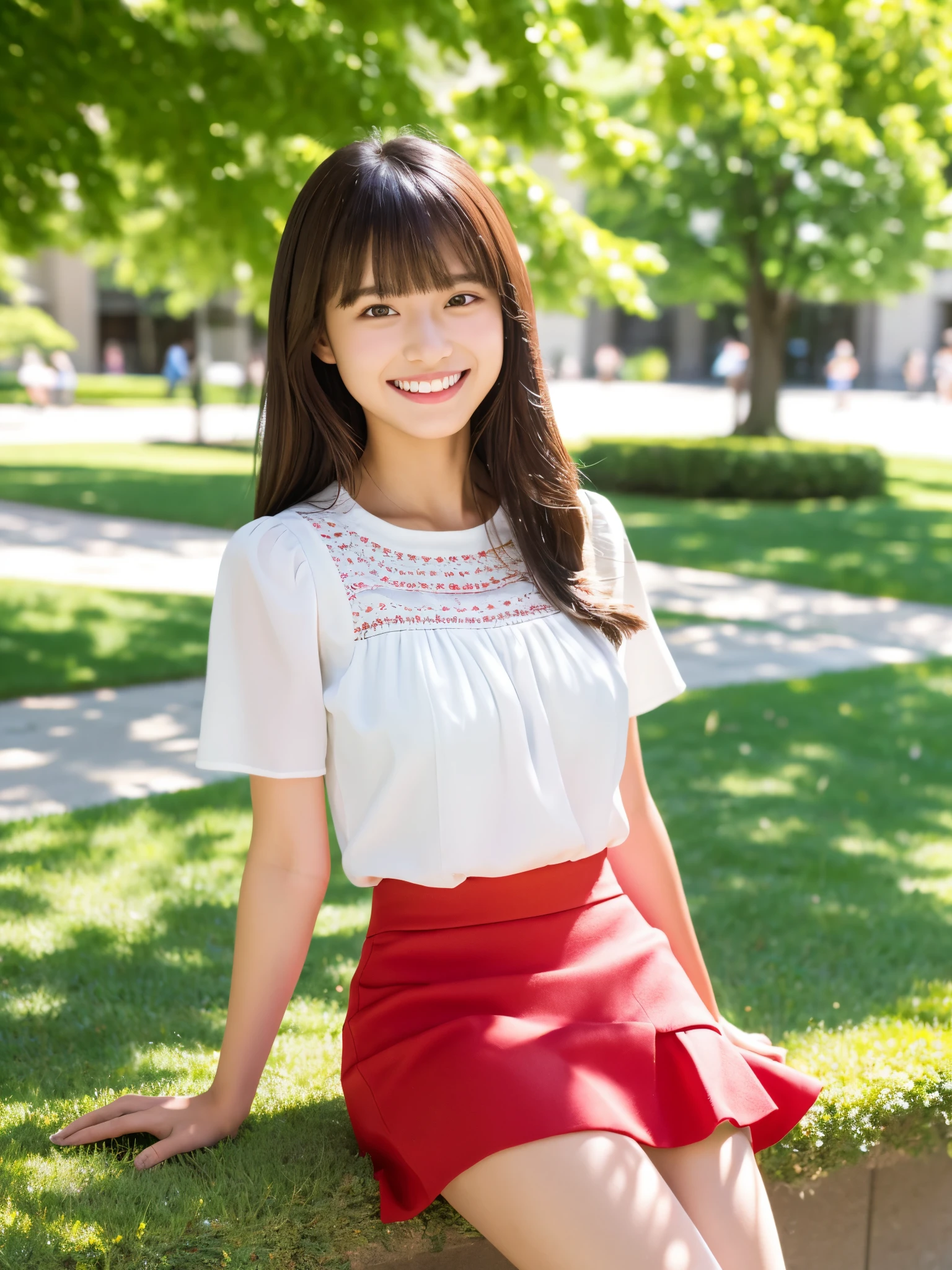 masterpiece , Highest quality , Very detailed , 8k , Cute Woman , One girl , blouse , bangs , smile , White teeth , Symmetrical eyes, 半袖blouse、mini skirt、Red Heels、Summer daytime、In front of the campus building、