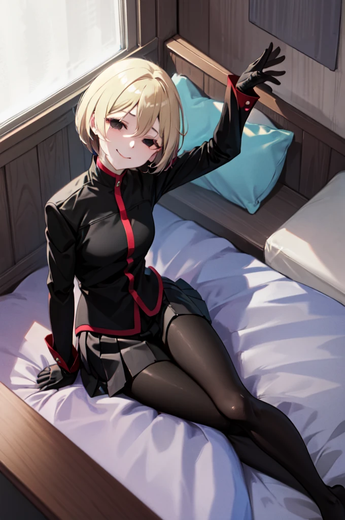 (masterpiece,Highest quality, detailed), One girl, alone, indoor, bed, Sitting, Half-closed eyes, smile, Mouth closed, whole body, Tilt your head, From above, View your viewers,
Oshino Ougi, gakuran, Black gloves, Black jacket, Pleated skirt, Black Pantyhose, No shoes、No sleeve、Show off your armpits、