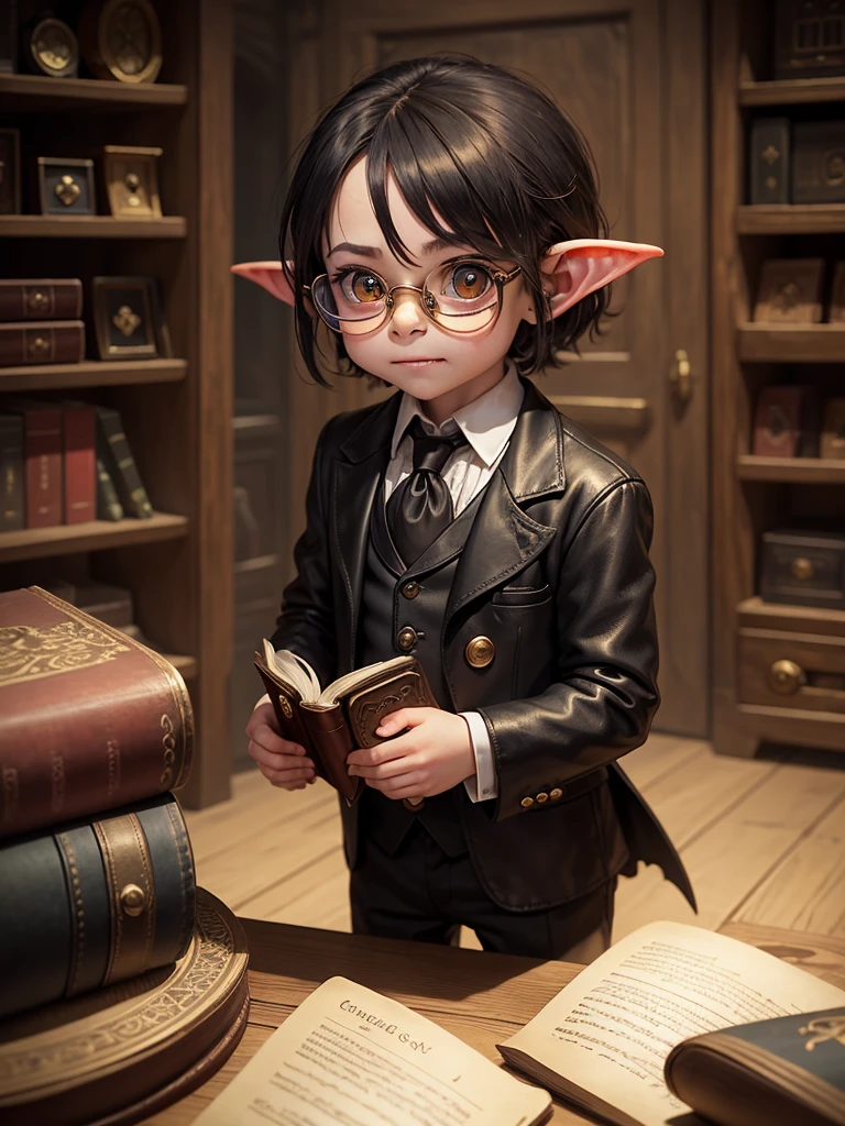 Little Goblin, wearing black suit, wearing golden monocle, Eyes red, sharped teeth, holding a leather book, recepcionista, behind a counter, medieval environment, Fantasy world.