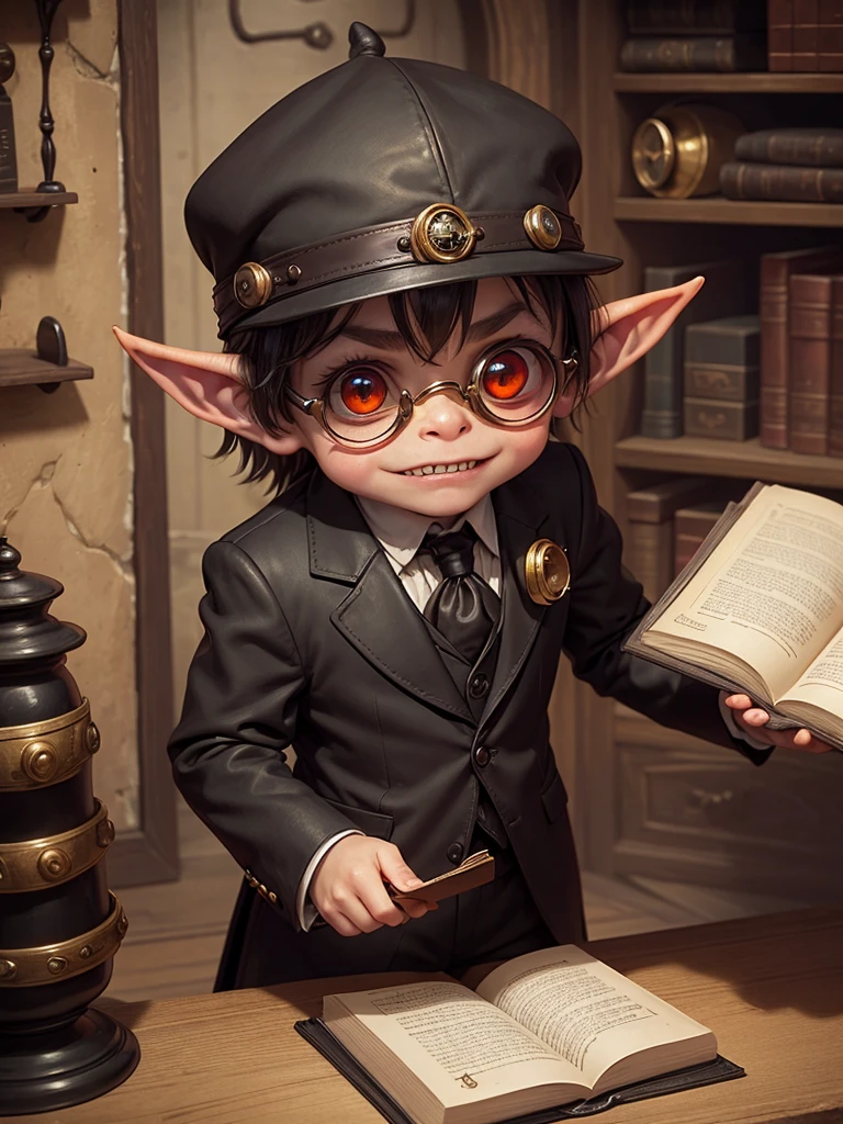 Little Goblin, wearing black suit, wearing golden monocle, Eyes red, sharped teeth, holding a leather book, recepcionista, behind a counter, medieval environment, Fantasy world.