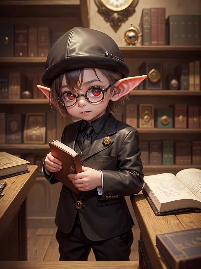 Little Goblin, wearing black suit, wearing golden monocle, Eyes red, sharped teeth, holding a leather book, recepcionista, behind a counter, medieval environment, Fantasy world.
