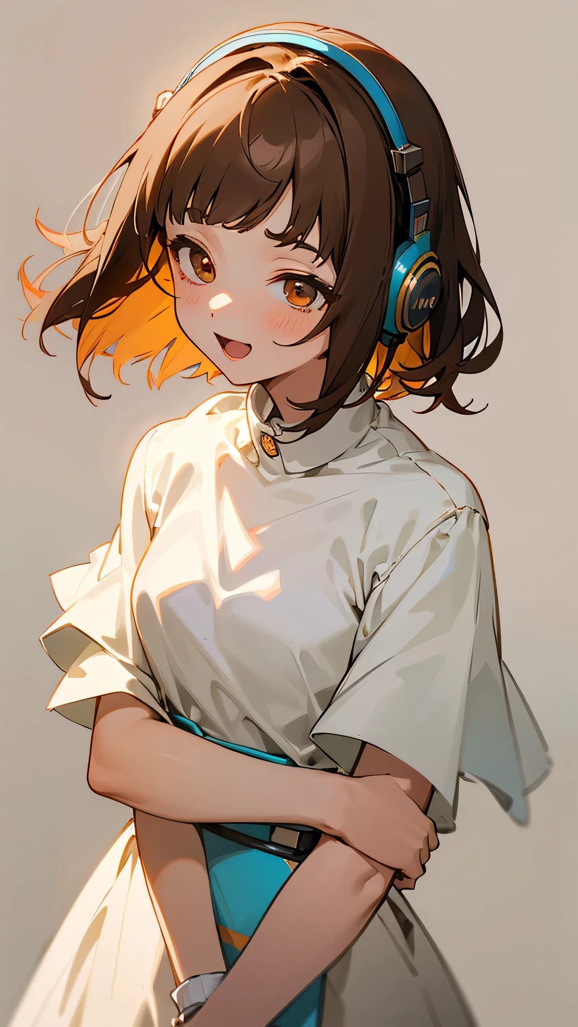 One girl, Brown Hair, Medium Hair, Textured skin, chest, Open your mouth, Bright Eyes, happiness/joy, Simple Background, Headphones worn behind the head, Anime Bangs, Minimalist, Dress up、Hair that hides one eye, Inner Color,