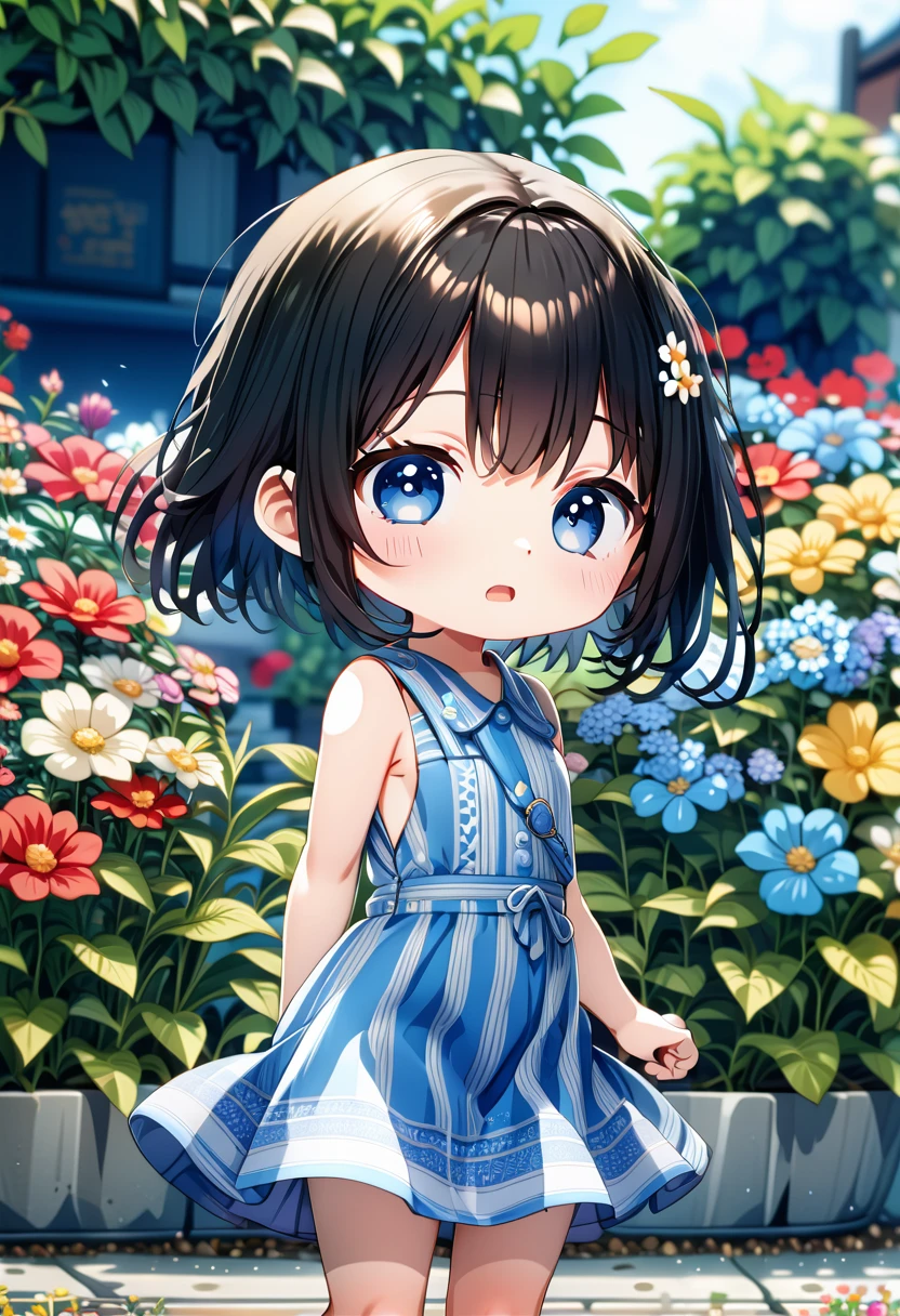 Highest quality、High resolution、Detailed Background、Beautiful face in every detail、Anatomically correct、Detailed facial expressions、fine grain、((From the side))、((One Girl))、Chibi Girl、 Black Hair、beautiful clear big blue eyes、Braided Bob、Sleeveless dress、The background is a flower bed、Very angry、Punch with bare handotion Blur:1.5), (Blurred hands:1.5)