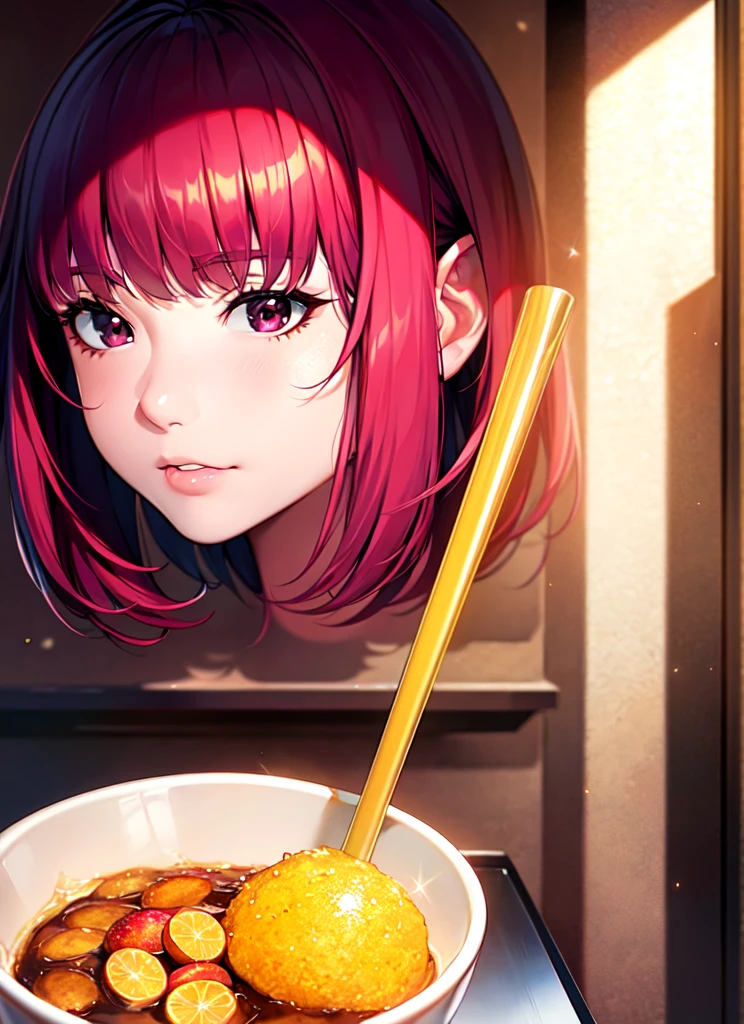 {{kana arima:1.3}}, {Oshinoko}, (8K), ((Best Quality)), (Ultra-Detailed), High Resolution, Extremely Details CG, ((Photorealistic:1.2)), official art, by famous artist, perfect hands, perfect anatomy, super detailed skin, Beautifully Detailed Eyes, Beautifully Detailed Skin, Beautifully Detailed Hand, Beautifully Detailed Fingers, Beautifully Detailed Lip, Shiny Skin, Shiny Skin, Glossy Skin, PUPILS SPARKLING, Moody Lighting, Film Reflection, Deep Rendering, beautiful countenance, 1 girl in, Solo, 25 years old, pink-red-purple hair, (bowl cut hair), (大きくて丸い目), red-black eyes, room, night, 黒のTシャツ, 青いスカート, full body, surprised,