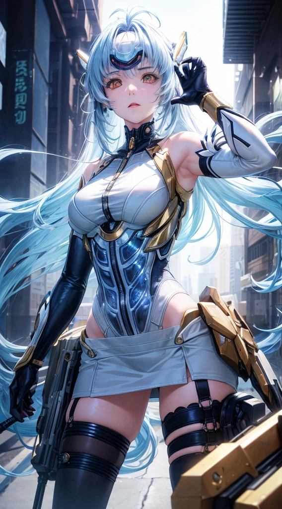 top-quality、​masterpiece、超A high resolution、(Photorealsitic:1.4)、1人、Light blue hair、Straight hair, shiny and clean hair、White shiny skin、Sexy Cyberpunk Girl、((super realistic details))、Shadow、octan render、ultrasharp、hyperdetailed face、Fiberglass、Luminous tube、highly intricate detail、Realistic light、CGSoation Trends、((Golden Eyes))、(Facing the camera)、neon detailechanical limbechanical vertebrae attached to the back、mechanical cervical attaching to neck、Wires and cables connecting to the head、((valkyrie))、((Beam Cannon))、Combat stance