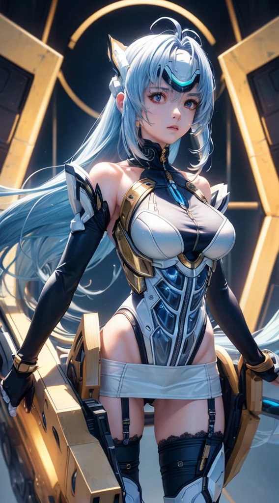 top-quality、masterpiece、超A high resolution、(Photorealsitic:1.4)、1人、Light blue hair、Straight hair, shiny and clean hair、White shiny skin、Sexy Cyberpunk Girl、((super realistic details))、Shadow、octan render、ultrasharp、hyperdetailed face、Fiberglass、Luminous tube、highly intricate detail、Realistic light、CGSoation Trends、((Golden Eyes))、(Facing the camera)、neon detailechanical limbechanical vertebrae attached to the back、mechanical cervical attaching to neck、Wires and cables connecting to the head、((valkyrie))、((Beam Cannon))、Combat stance