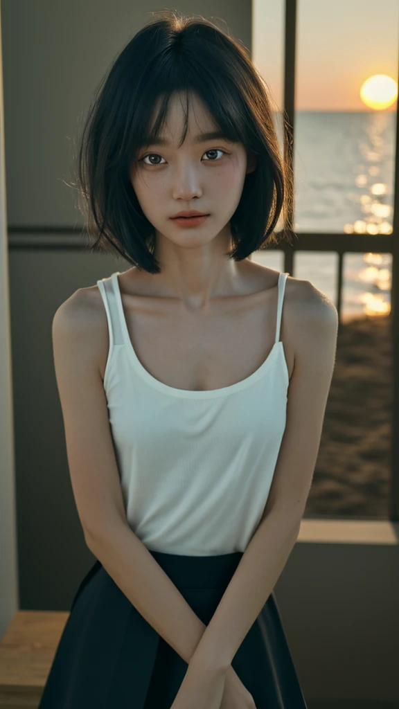 ((best quality，masterpiece:1.3))，sharp:1.2，Perfect body beauty:1.4，((Layered Hairstyle))、(Black long skirt:1.1)，(darkroom:1.2)，Highly detailed face and skin textures，Exquisite eyes，(clavicle:1.3)，Double eyelids，((short hair))，childish，Beach at sunset，Break，close up，45 degree upward shooting，