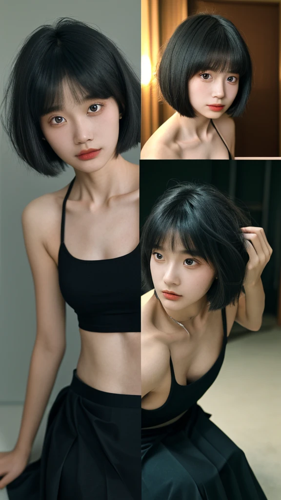 ((best quality，masterpiece:1.3))，sharp:1.2，Perfect body beauty:1.4，((Layered Hairstyle))、(Black long skirt:1.1)，(darkroom:1.2)，Highly detailed face and skin textures，Exquisite eyes，(clavicle:1.3)，Double eyelids，((short hair))，childish，Beach at sunset，Break，close up，45 degree upward shooting，