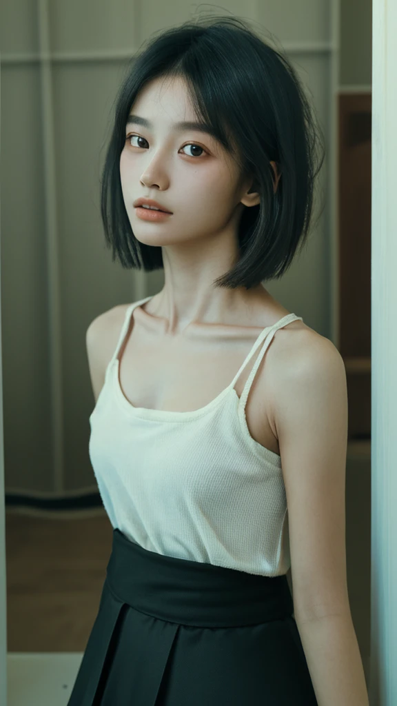 ((best quality，masterpiece:1.3))，sharp:1.2，Perfect body beauty:1.4，((Layered Hairstyle))、(Black long skirt:1.1)，(darkroom:1.2)，Highly detailed face and skin textures，Exquisite eyes，(clavicle:1.3)，Double eyelids，((short hair))，childish，Beach at sunset，Break，close up，45 degree upward shooting，