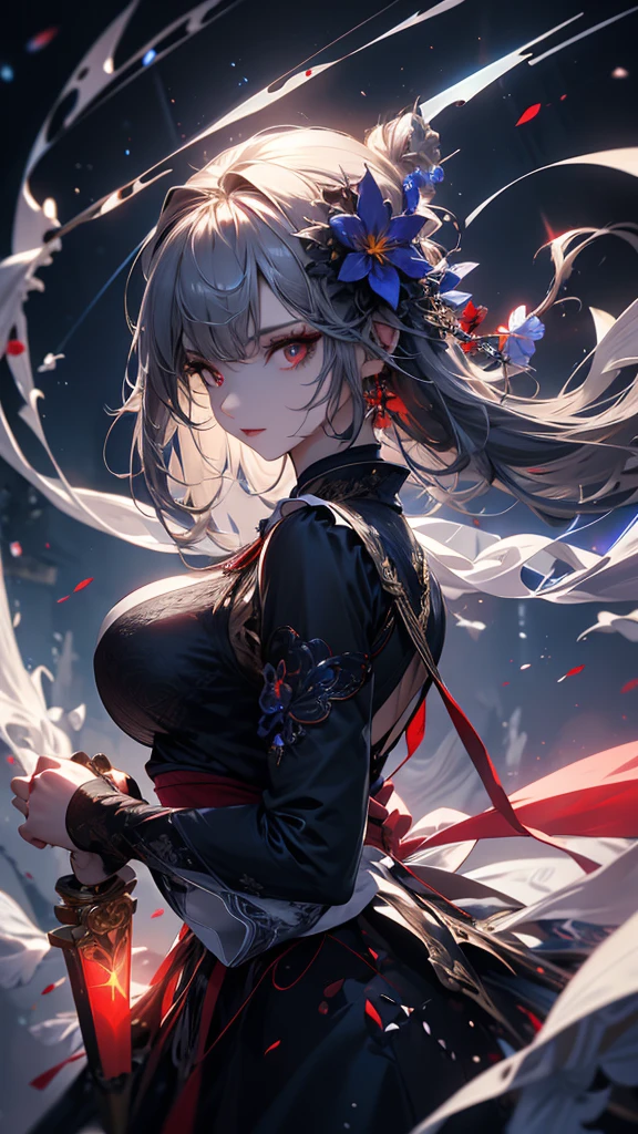 masterpiece, high quality, 4K, Beautiful design, silhouette,Gray Hair, 非常に詳細な夜のStarry Sky,Flower Field, wonderful, Finer details, Very knowledgeable woman, Highly detailed solo, 1 female,Red eyes,Big Breasts,Blue Gothic ta Fashion,Night view,Starry Sky,Red full moon,