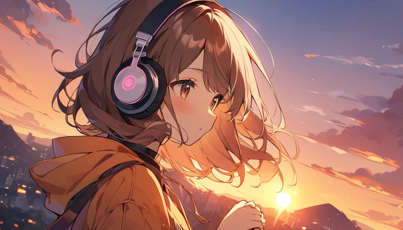 Girl wearing headphones。Brown Hair。1 person。bright。On the hill dyed in the sunset、Girl wearing headphones and holding her hands up while watching the sunset。