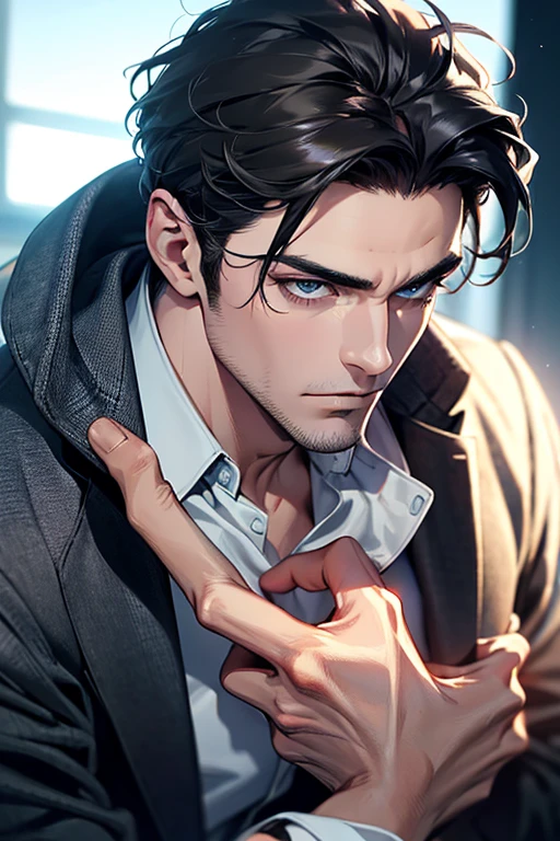 (Best Quality,4k,8k,high resolution,Masterpiece:1.2),ultra detailed,(realist,photorealist,photo-realist:1.37),1 man,31 years,mature man,very handsome,without expresion,muscled body,short gray black hair,Blue eyes,glare,perfect face without mistakes,imposing posture,businessman,office background,cinematic lighting,imagen HDR
