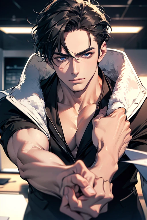 (Best Quality,4k,8k,high resolution,Masterpiece:1.2),ultra detailed,(realist,photorealist,photo-realist:1.37),1 man,31 years,mature man,very handsome,without expresion,muscled body,short gray black hair,Blue eyes,glare,perfect face without mistakes,imposing posture,businessman,office background,cinematic lighting,imagen HDR