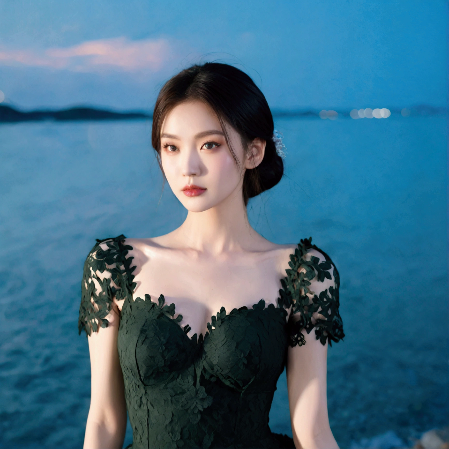 digital portrait、realistic depiction of the human body、RAW photo、one girl、gentle gray eyes、plump lips、An ennui look、huge bouncing busts、shortcut、(((Elegant black lace-like line dress、Dense and artistic lace black line dress、beautiful dress、super luxury dress)))、highest quality、super resolution、master piece:1.5、medium depth of field、50ｍｍlens、cinematic lighting、Backlight、professional photographer、sea side, evening