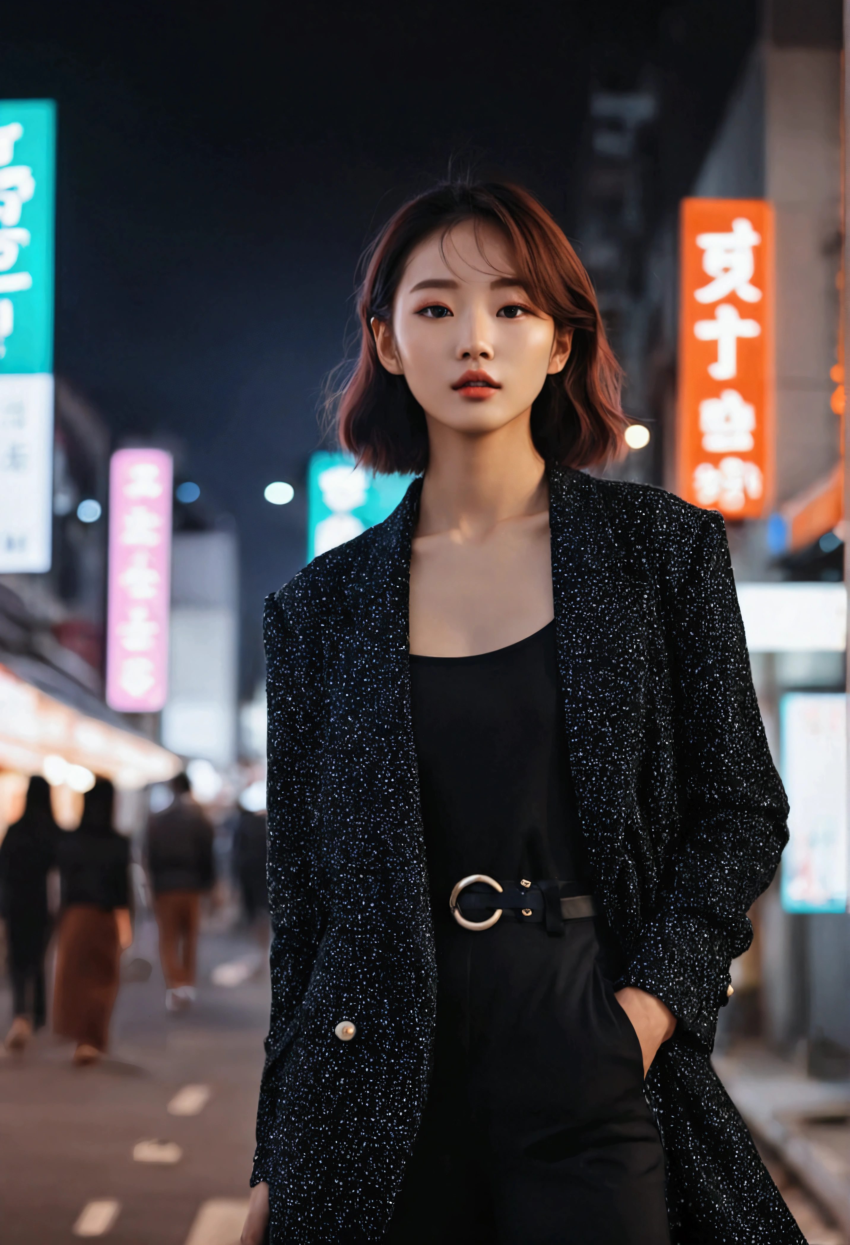 (aesthetics:1.4) A photo of a beautiful Korean fashion model bokeh city night scene