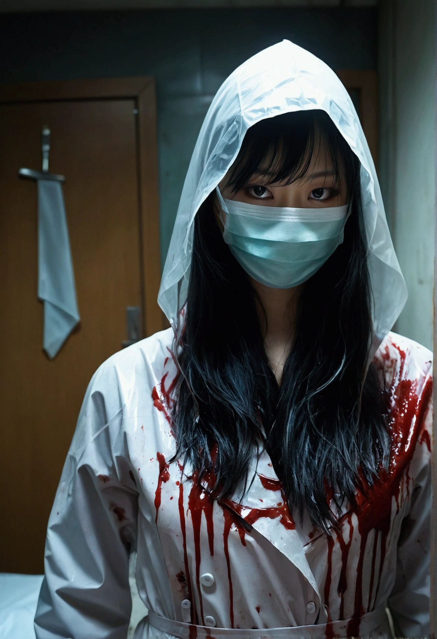 korean beautiful girl, (behind corpse, surgical mask), safety glasses, holding knife, stabbing, latex gloves, room full of blood, transparent raincoat, hood up, holding knife, latex gloves, behind corpse, blood splatter, long bangs, night, mass murderer, robbery, dark atmosphere, cinematic lighting, atmospheric realistic,