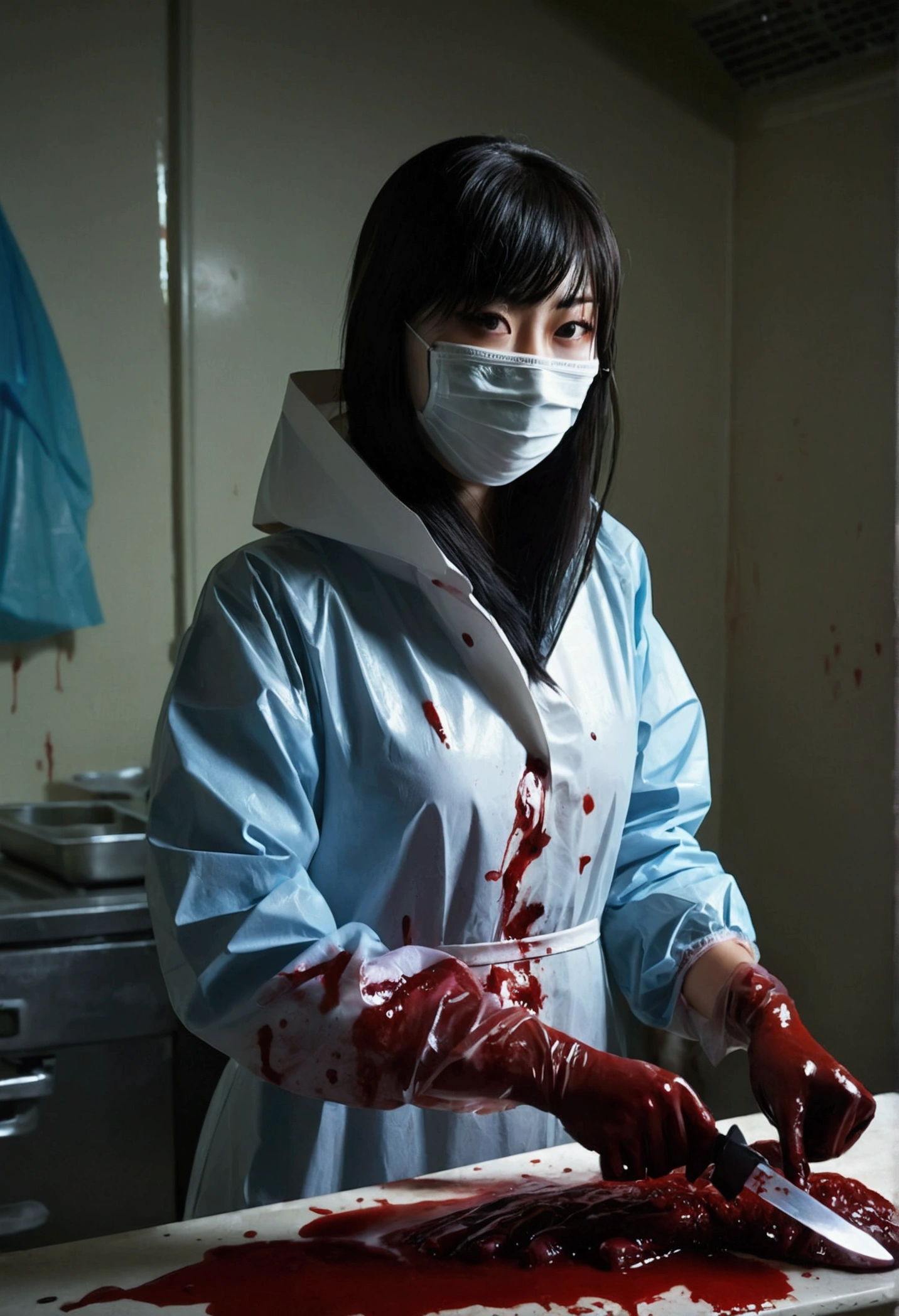 korean beautiful girl, (behind corpse, surgical mask), safety glasses, holding knife, stabbing, latex gloves, room full of blood, transparent raincoat, hood up, holding knife, latex gloves, behind corpse, blood splatter, long bangs, night, mass murderer, robbery, dark atmosphere, cinematic lighting, atmospheric realistic,