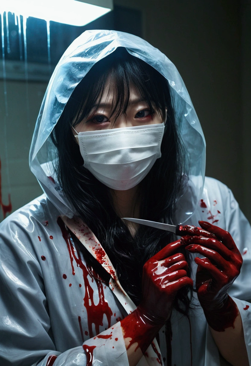 korean beautiful girl, (behind corpse, surgical mask), safety glasses, holding knife, stabbing, latex gloves, room full of blood, transparent raincoat, hood up, holding knife, latex gloves, behind corpse, blood splatter, long bangs, night, mass murderer, robbery, dark atmosphere, cinematic lighting, atmospheric realistic,
