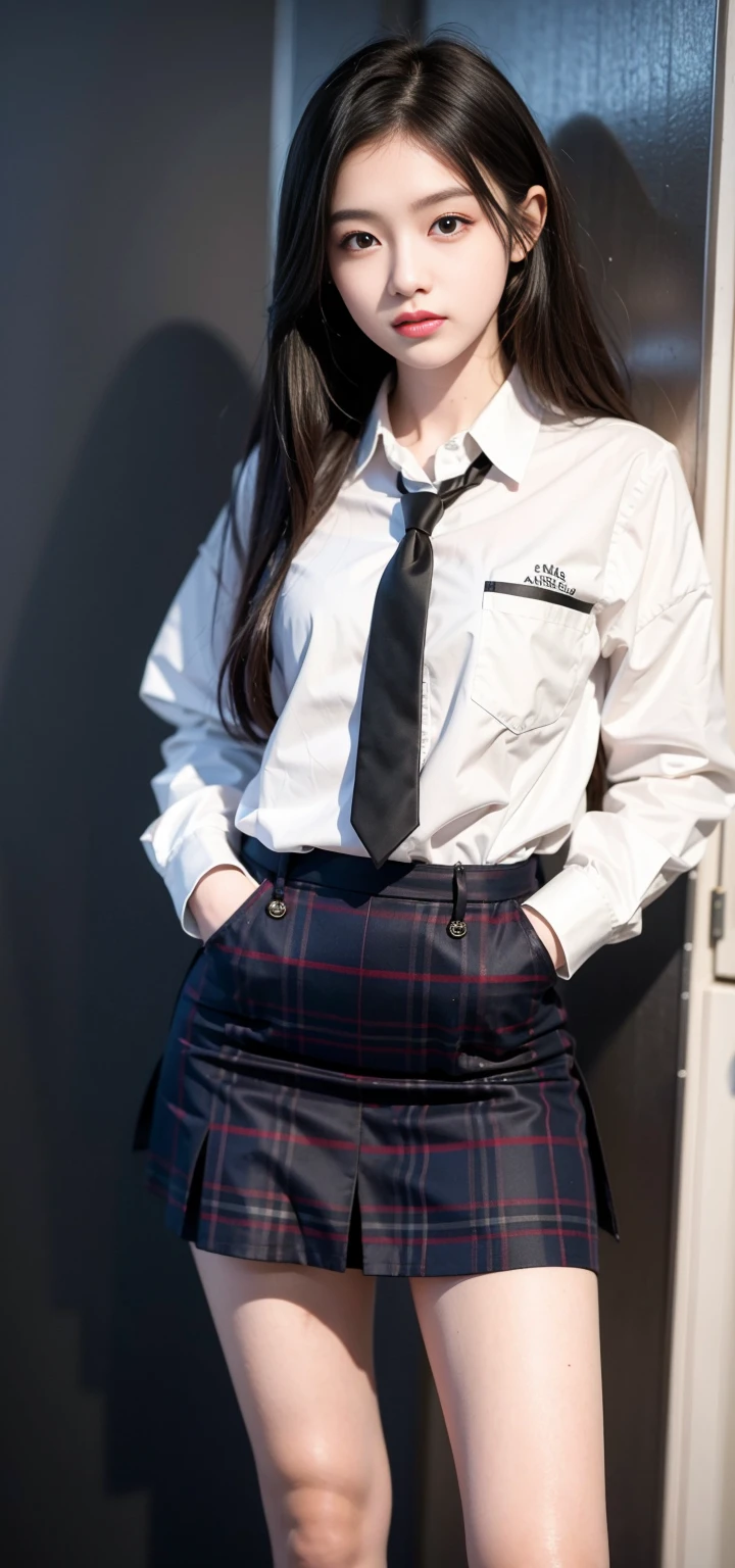 ((masterpiece)),(((best quality))),thin thighs,long legs,girl standing in school,red tie uniform,dark blue blazer,blue plaid skirt,18 years old,forehead,small smile,random pause,Pretty Woman,slim girl,