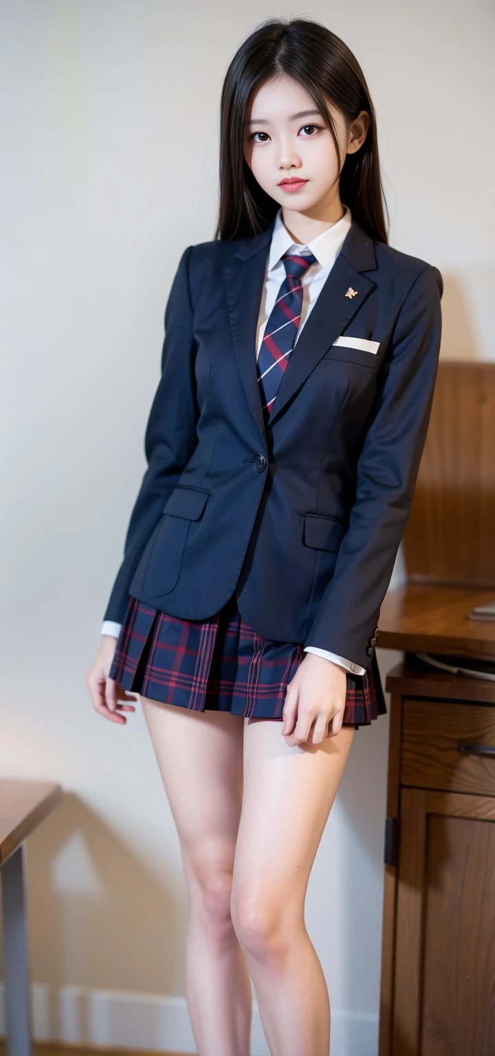 ((masterpiece)),(((best quality))),thin thighs,long legs,girl standing in school,red tie uniform,dark blue blazer,blue plaid skirt,18 years old,forehead,small smile,random pause，Pretty Woman，slim girl，