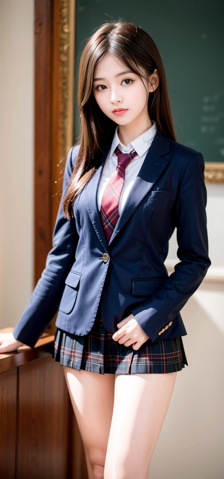 ((masterpiece)),(((best quality))),thin thighs,long legs,girl standing in school,red tie uniform,dark blue blazer,blue plaid skirt,18 years old,forehead,small smile,random pause,Pretty Woman,slim girl,