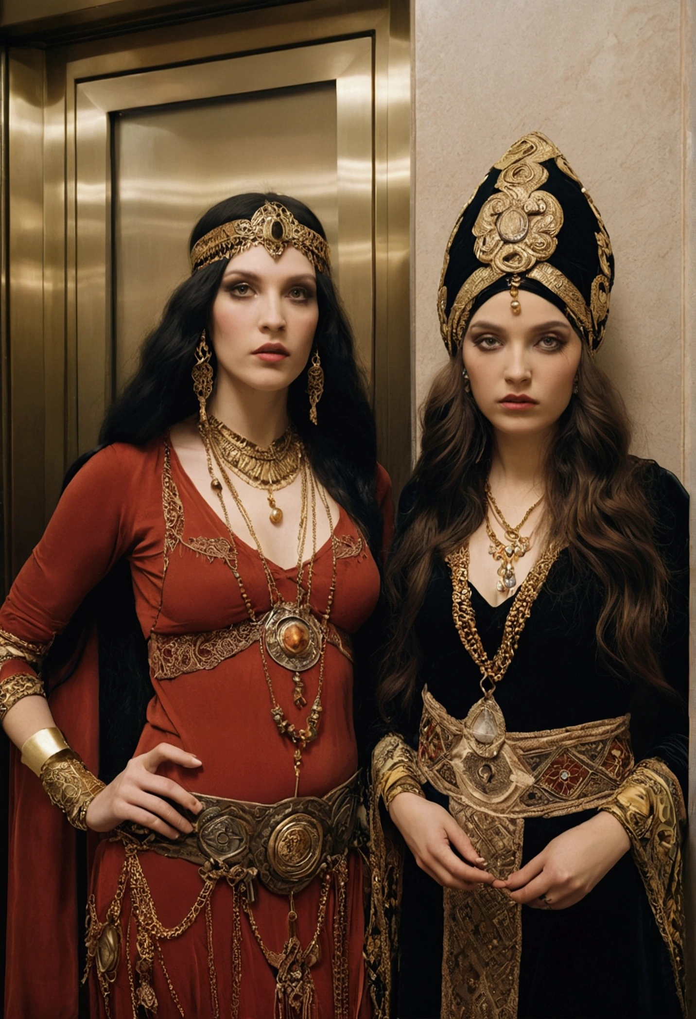 Two people dressed in costumes standing next to each other, Tom Bagshaw and Sabbath Aptera, Music video stills, She is dressed as a belly dancer, People in the elevator々Group of, 70&#39;s visuals, Great detail full face, Movie stills, Medieval peasants, Behind the scenes at Fashion Week, Andrej Korktin, Bohemian, Pre-Raphaelites  