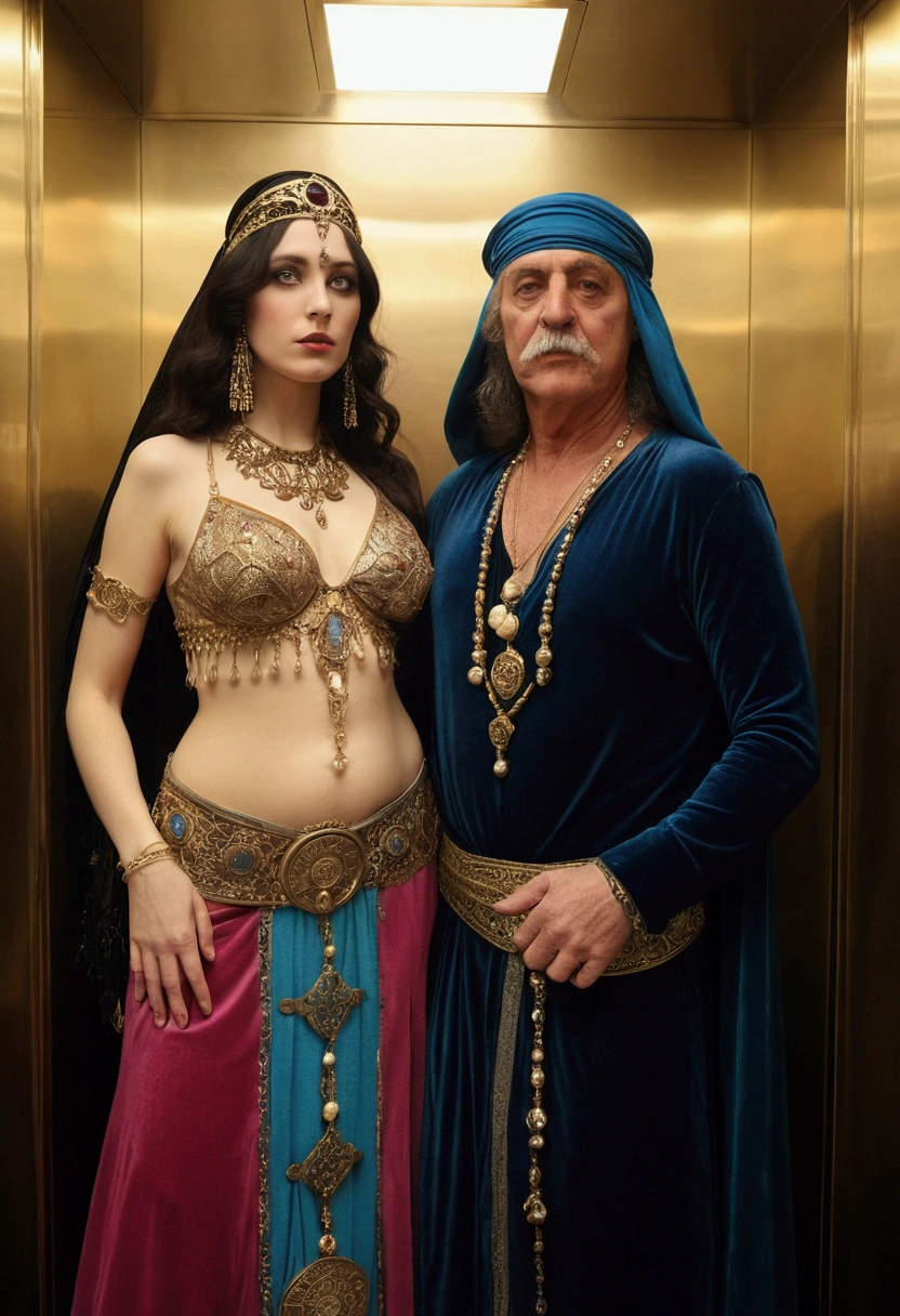 Two people dressed in costumes standing next to each other, Tom Bagshaw and Sabbath Aptera, Music video stills, She is dressed as a belly dancer, People in the elevator々Group of, 70's visuals, Great detail full face, Movie stills, Medieval peasants, Behind the scenes at Fashion Week, Andrej Korktin, Bohemian, Pre-Raphaelites