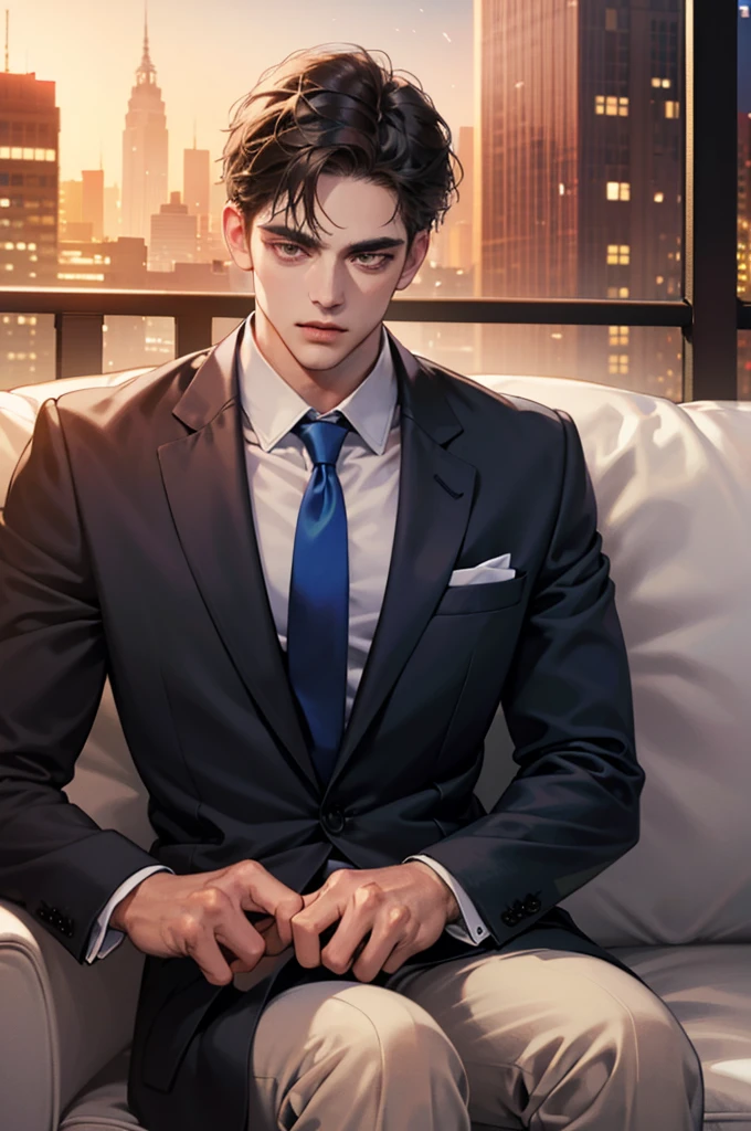 (absurdres, highres, ultra detailed, realistic, ), 1 male, solo, adult, mature, tall muscular guy, ,(sitting on a sofa,cross-legged), broad shoulders, handsome, very short hair, black hair, brown eyes, angular jaw, thick neck, thick eyebrows, night, dark, the night view of the city background, formal suit, necktie, upper body