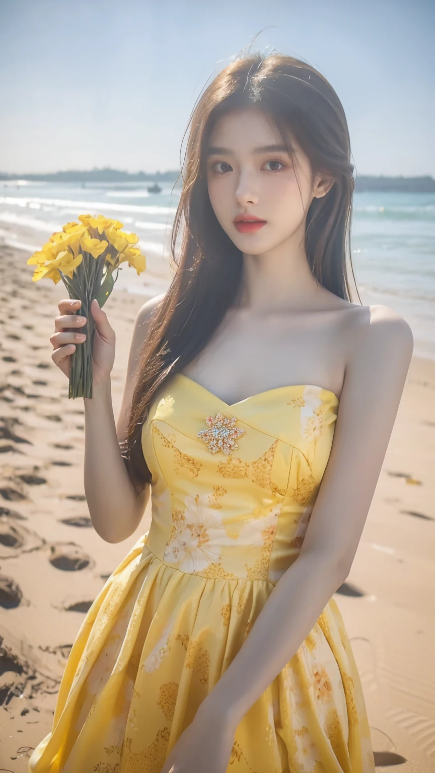 Arafe woman in yellow flower dress on the beach, beautiful korean woman, gorgeous young korean woman, gorgeous chinese model, korean girl, young cute gravure idol, beautiful young korean woman, beautiful asian girl, young and cute girl, say it vadilumrat, super detailed face,Big ,Sexy,Bare shoulders,full,