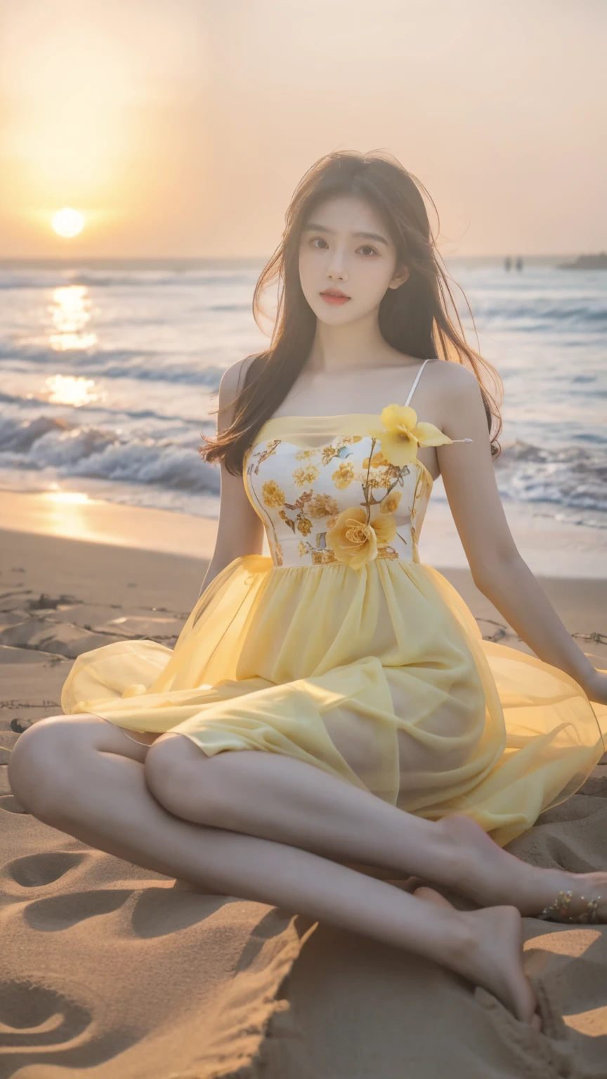 Arafe woman in yellow flower dress on the beach, beautiful korean woman, gorgeous young korean woman, gorgeous chinese model, korean girl, young cute gravure idol, beautiful young korean woman, beautiful asian girl, young and cute girl, say it vadilumrat, super detailed face,Big ,Sexy,Bare shoulders,full,
