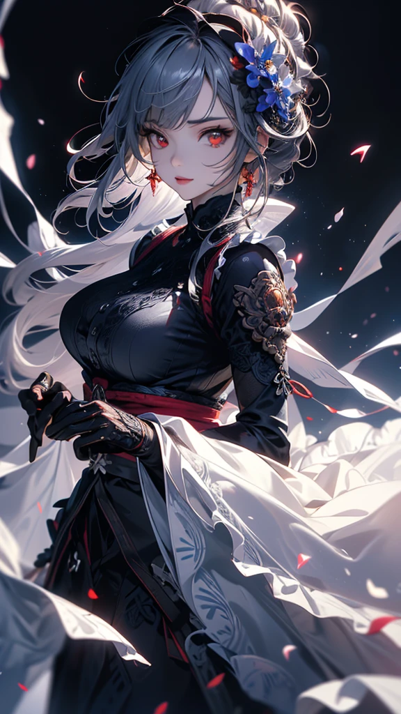 masterpiece, high quality, 4K, Beautiful design, silhouette,Gray Hair, 非常に詳細な夜のStarry Sky,Flower Field, wonderful, Finer details, Very knowledgeable woman, Highly detailed solo, 1 female,Red eyes,Big Breasts,Blue Gothic Lolita Fashion,Night view,Starry Sky,Red full moon,