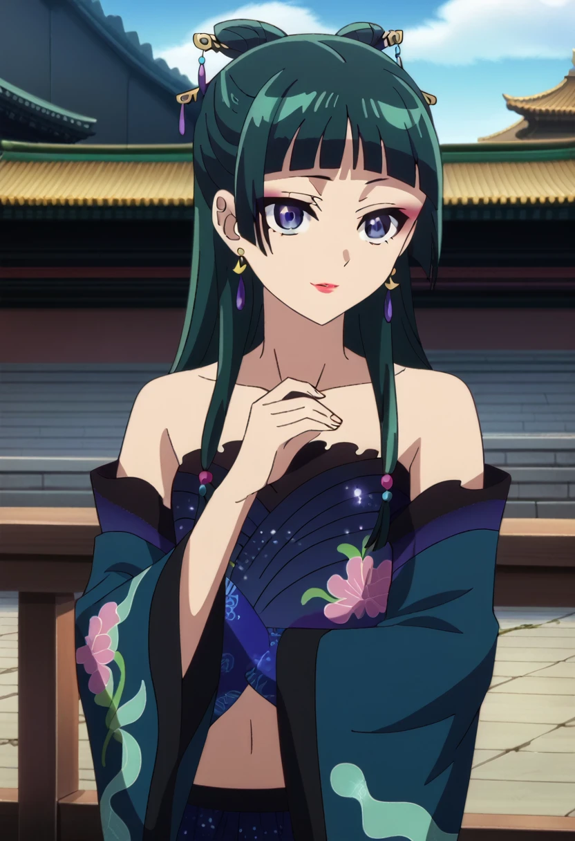 1girl, maomao, solo, green hair, long hair, blue eyes, BREAK
maomao, solo, black background, earrings, jewelry, lipstick, makeup, sparkling dress, blue dress, glint, midriff, collarbone, long sleeves, wide sleeves, hair beads, sidelocks, blunt bangs, purple earrings, star earrings, partially bare shoulders, pink mascara, pink eyeliner, BREAK
score_9, score_8_up, score_7_up, score_6_up, anime, BREAK
(high quality, detailed, beautiful), shiny, detailed beautiful eyes, outstanding, countershading, detailed soft lighting,,dynamic pose,oriental hair ornaments, oriental hair pin,firework, balcony,buildings,smile,cowboy shot