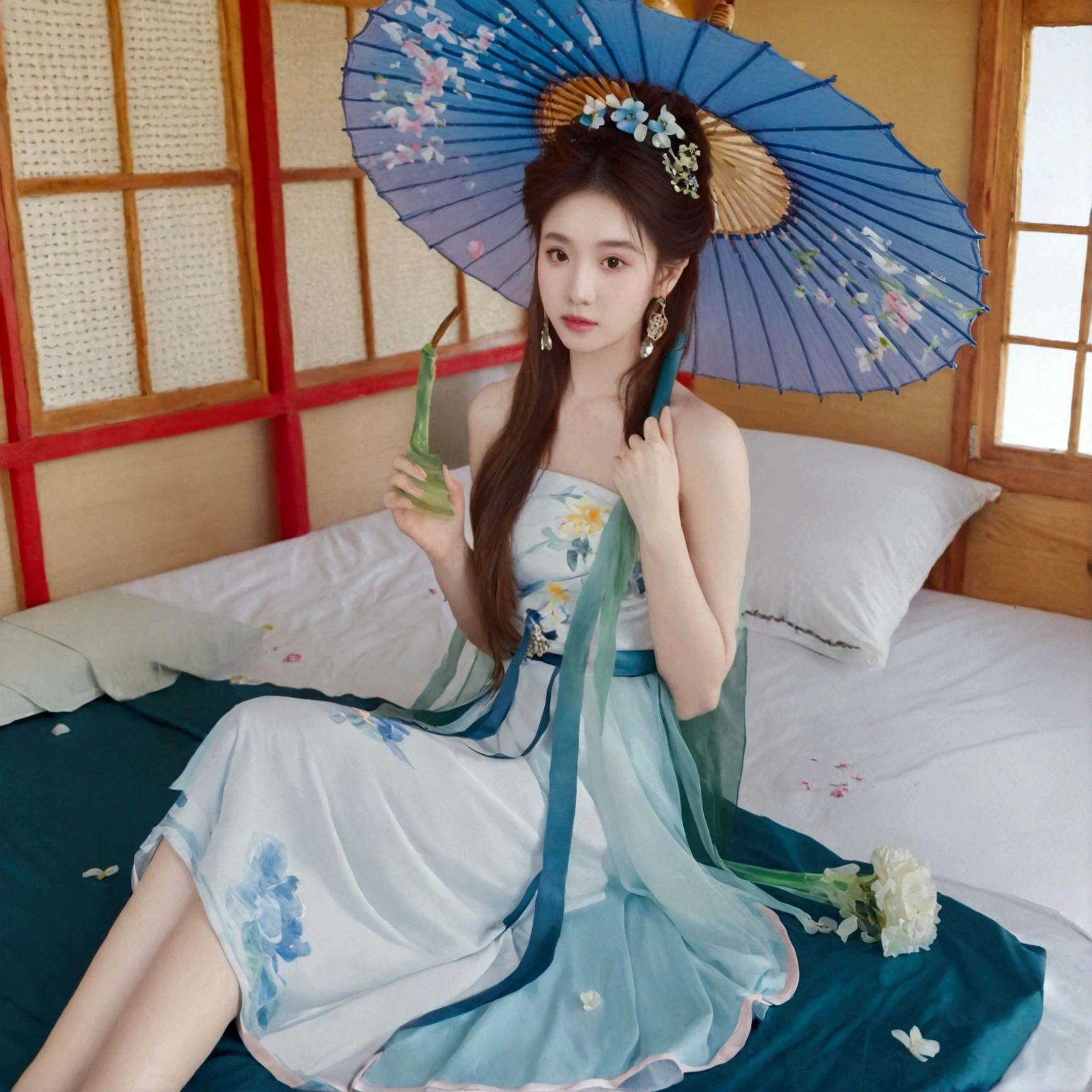 1girl, solo, looking at viewer, brown hair, hair ornament, dress, holding, jewelry, sitting, flower, earrings, barefoot, indoors, bed, umbrella, hand fan, realistic, holding fan