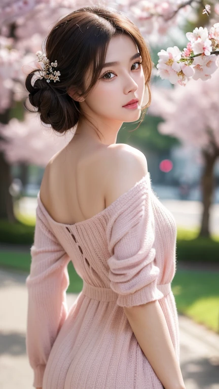 (masterpiece:1.3), (8k, Photo realism, original photo, Best image quality: 1.4), (Beautiful cherry blossom scenery,Stroll along the cherry blossom trees),Instagram Beauty,20 year old girl、(Fashionable knitted dress)(Random hairstyle:1.2)、Ultra-detailed face、Attention to detail、double eyelids、sharp focus:1.2、beautiful woman:1.4、light brown hair、best quality、masterpiece、(Photo realism:1.4)、Highly detailed and professional lighting、fashion model、Serious expression、short hair、clear skin、Random pose、shiny hair