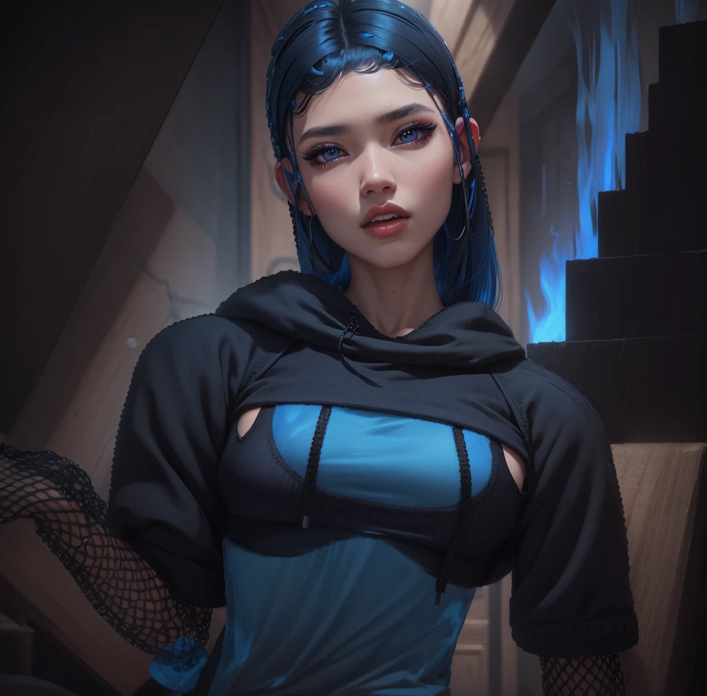 AVATAR SECOND LIFE Korean girl wearing black top, hair blue azul, hair blue, hair blue, Asian, Perfect and detailed face, imvu, maximalist details, AVATAR SECOND LIFE Korean blusa , neon