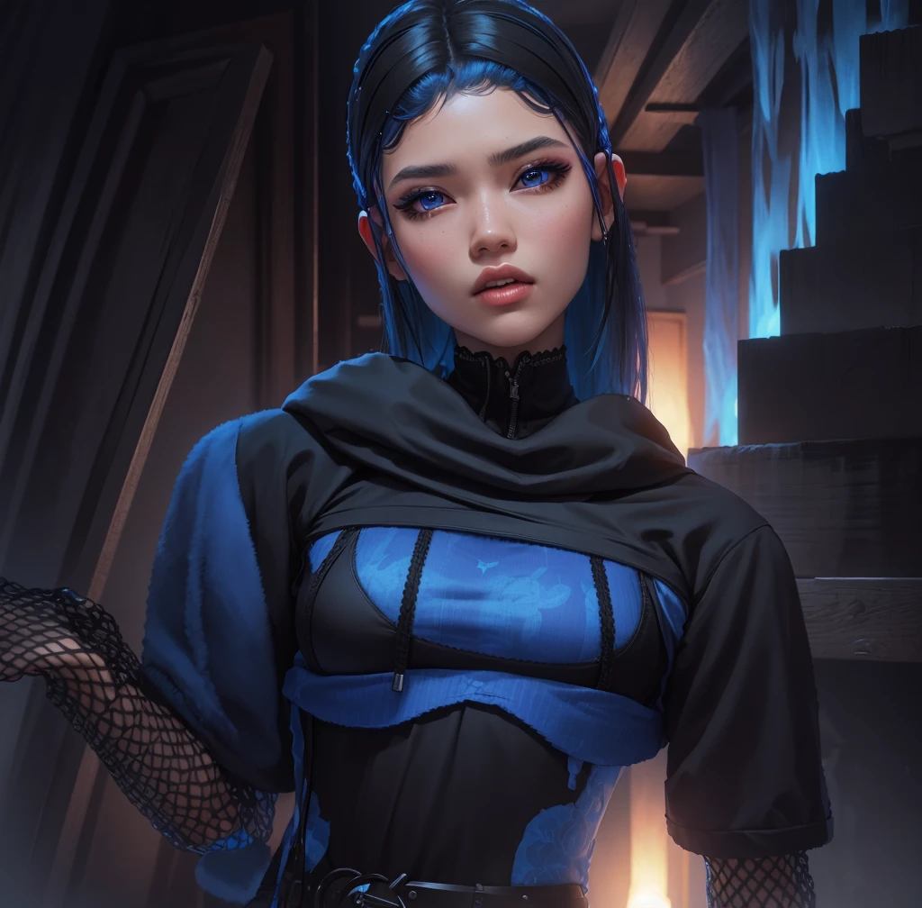 AVATAR SECOND LIFE Korean girl wearing black top, hair blue azul, hair blue, hair blue, Asian, Perfect and detailed face, imvu, maximalist details, AVATAR SECOND LIFE Korean blusa , neon