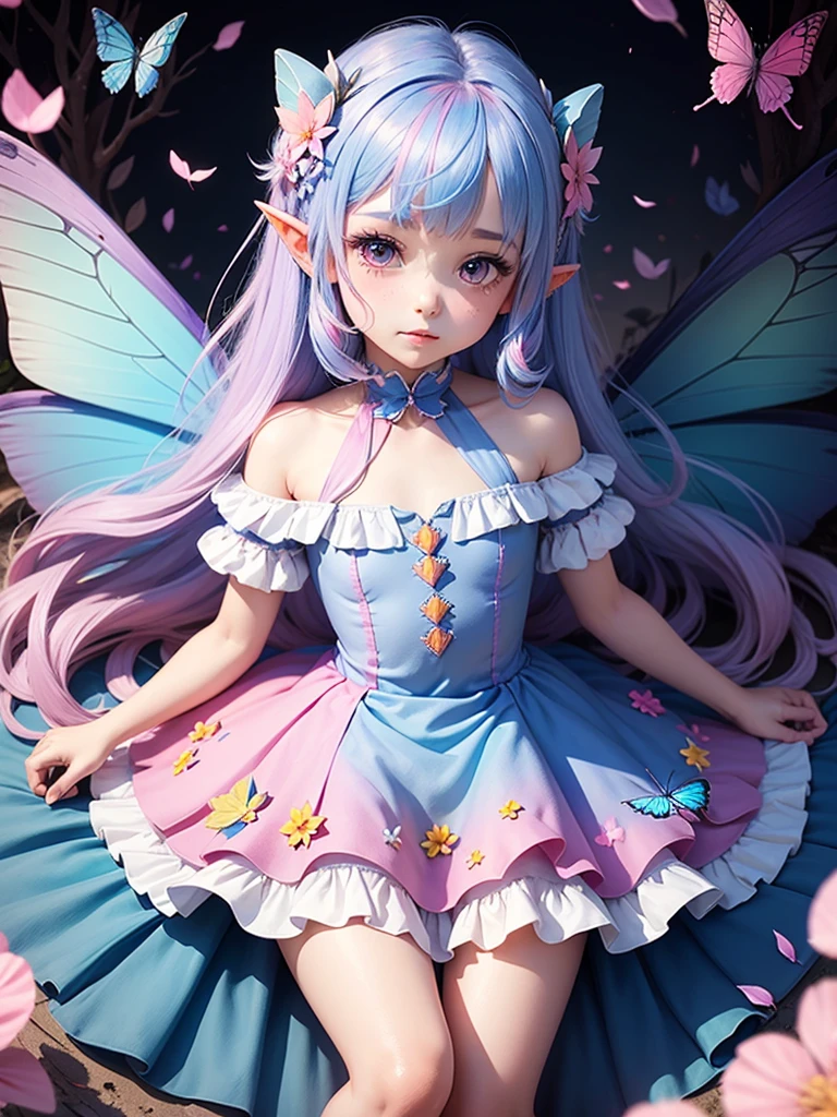 cute little Fairy, blue butterfly, Rainbow hair, pink eyes, dress pointy ears dress made of petals leaves