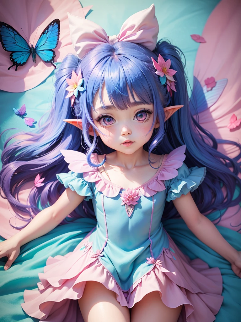 cute little Fairy, blue butterfly, Rainbow hair, pink eyes,  dress pointy ears dress made of petals leaves