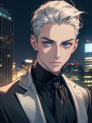 Masterpiece, high quality, Single man, Ethereal, handsome, middle age man, old, masculine, broad shoulders, portrait, short silver hair, straight hair, slick back hair, show forehead, high cheekbones, hollow cheeks, white eyebrows, pale skin, blue eyes, cosmieyes, colorful, black colors, wearing a black suit, black slacks, The face is smug, arrogant, skyscrapers in the background, night time, Rich in color, coffee plant, close-up shot, bust photo, do not show hand, Look at viewer.