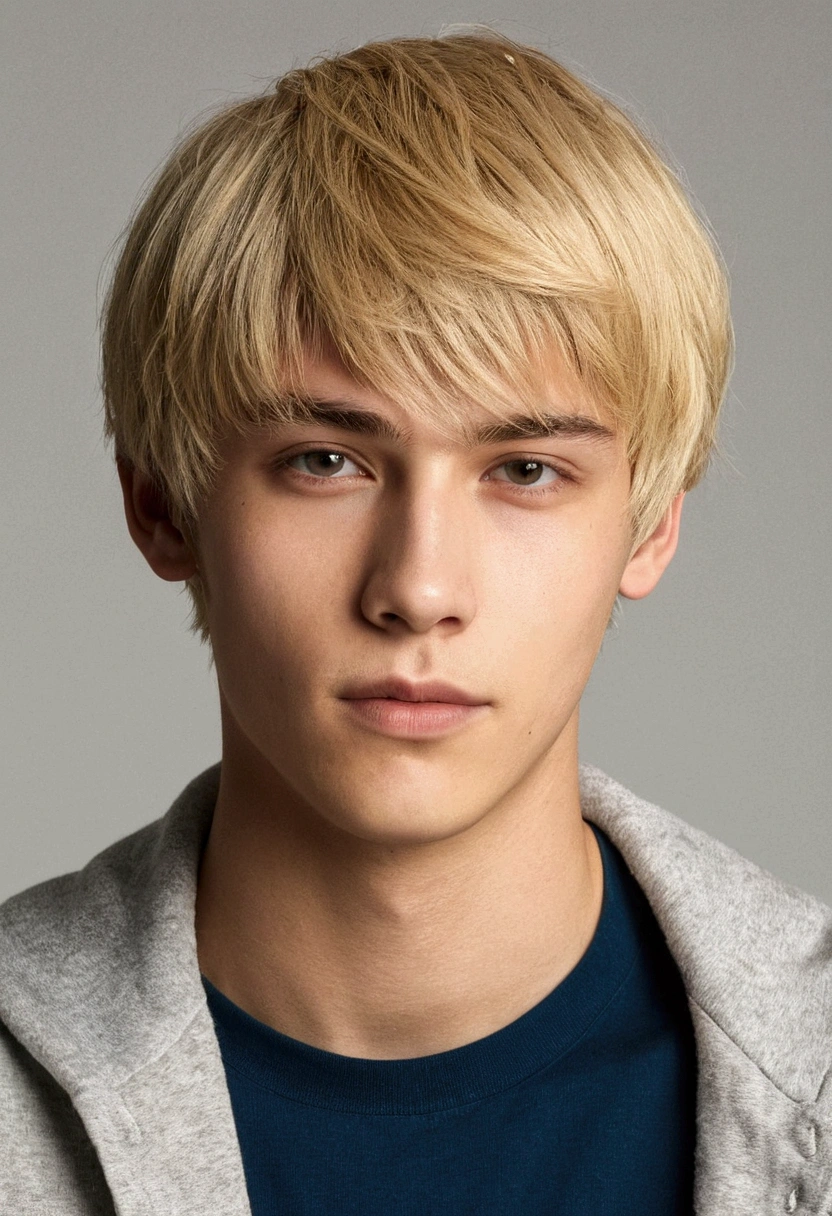 There's a guy looking forward to,bangs, Short straight blonde hair, strong, Anton, Handsome young man, 18-year-old,