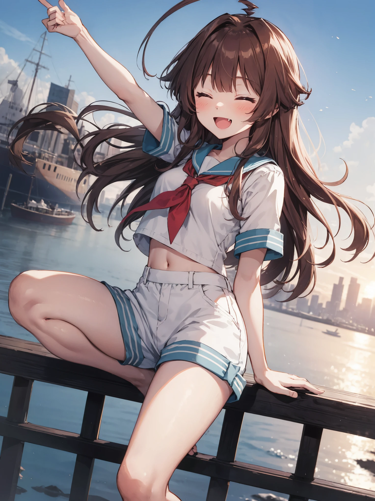 1young_teen_ girl,  brown_hair, long_hair, sailor_uniform,white_ baggy_shorts, short_sleeve, thighs, small_breasts, big_smile, open_mouth, fang, harbor_landscape_background, slightly_spread_legs, happiness, covered_crotch,ahoge,XD,exciting_posing,closed_eyes