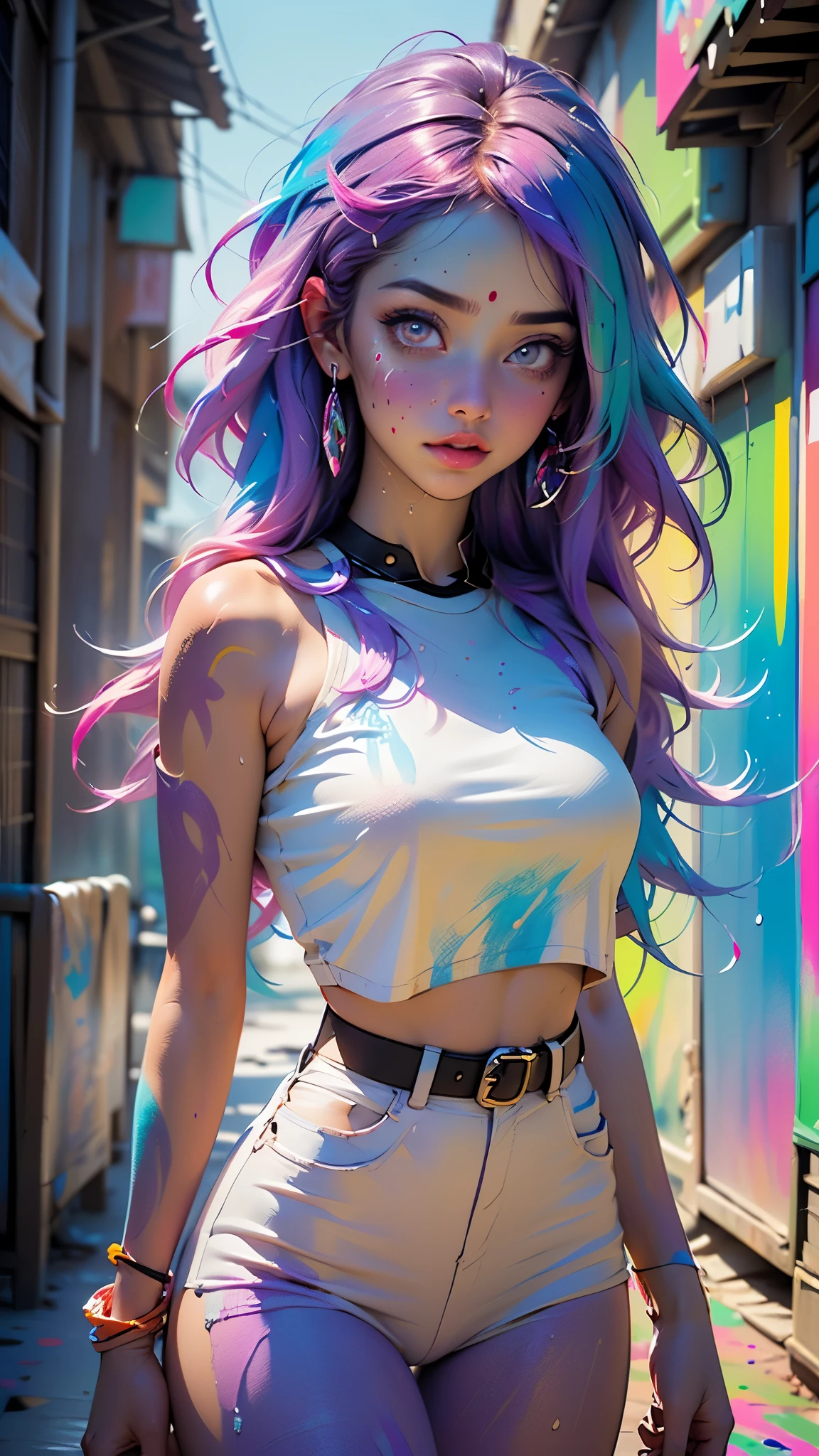 goddess girl,(((1girl))),((cute and beautiful rainbow haired girl)),

(Colorful hair:1.5), (all the colors of the rainbow:1.5),crystal clear eyes,rainbow color gradient bangs:1.5,(rainbow colored hair:1.5), color splash, color explosion, (colorful), Face Paint, ((streaked hair)),(Gradient color eyes),(((colorful eyes))),

(large breasts:1.4),saggy breasts,mane,((multicolored_hair:1.3)), ((rainbow hair:1.3)),((hair bangs:1.3)),((hair with the seven colors of the rainbow:1.3)),((straight hair:1.3)),((very straight hair,very_long hair:1.5)),((The beauty of extra-long hair)),((Super Long Straight Hair)),((bangs)),(((neon rainbow eyes:1.3))),intricate eyes,beautiful detailed eyes,symmetrical eyes,((fat)),(((lustrous skin:1.5,bright skin: 1.5,skin tanned,shiny skin,very shiny skin,shiny body,plastic glitter skin,exaggerated shiny skin,illuminated skin,wet legs))),(spider lower abdomen,narrow waist,wide hip,athletic body,inflated legs, thick thighs,detailed body,(detailed face)),

cute,slutty,erotic,((nsfw)),

white greek robe,white silk bikini,absurdres,Long legs,cleavage,(((wet clothes,intricate outfit,intricate clothes))),

(hypnotized pose:1.0),hypnotized,(centered,scale to fit dimensions,Rule of thirds),

((beautiful bath house made of greek marble and pillars, beautiful clear water in pool)),scenery:1.25,((intricate scenery)),((greek temple background)),

(Glossy greek ornaments),highres,sharp focus,(ultra detailed,extremely detailed),(photorealistic artwork:1.37),(extremely detailed CG unity 8k wallpaper),(((vibrant colors,vibrant theme))),(intricate),(masterpiece),(best quality),artistic photography,(photography taken by sldr),(intricate background),perfect rendered face,perfect face details,realistic face,photo realistic,((intricate detail)),(((realism))),
