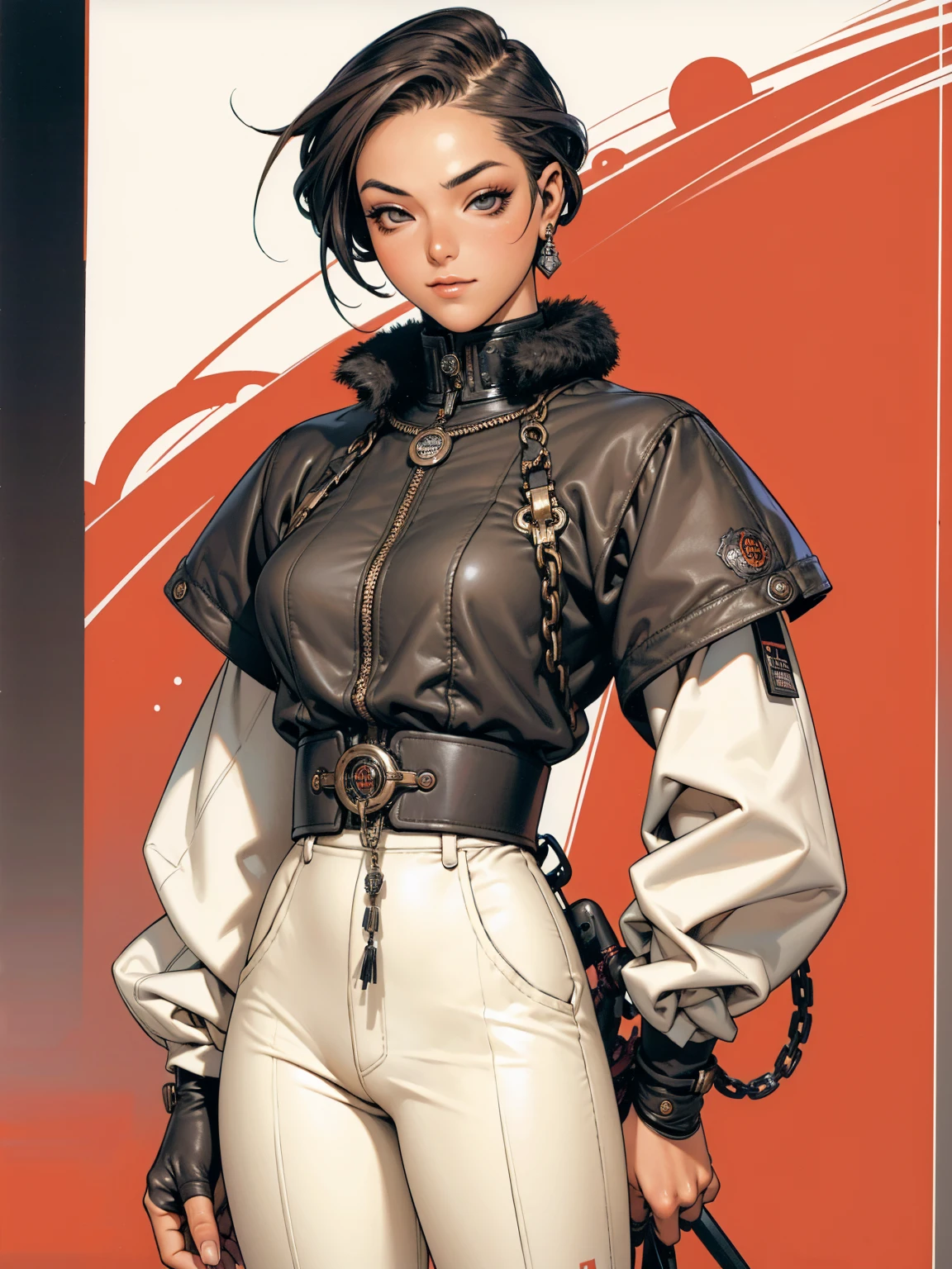 (((best qualityer))), (((manga strokes))), a young girl beautifully dressed in modern winter clothes, pants with red and black zig-zag pattern, top gift vertical stripes, short jacket with dark fur collar, beautiful and expressive face, slightly-smile, big eyes with long black eyelashes, heavy make-up, chains and zippers spread across clothes, contrasting colours, pose de atitude, hair with a modern and futuristic cut, urban game poster art, dramatic camera angles, graffiti art elements in the background, design mixing contemporary and retro by Shepard Fairey, (((cowboy shot)))