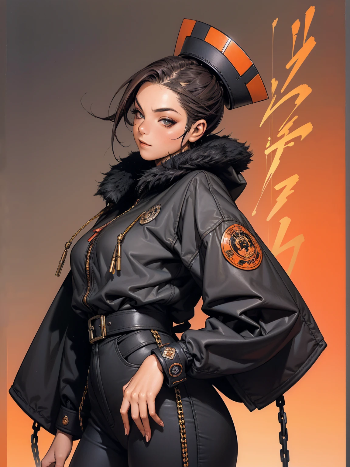 (((best qualityer))), (((manga strokes))), a young girl beautifully dressed in modern winter clothes, pants with red and black zig-zag pattern, top gift vertical stripes, short jacket with dark fur collar, beautiful and expressive face, slightly-smile, big eyes with long black eyelashes, heavy make-up, chains and zippers spread across clothes, contrasting colours, pose de atitude, hair with a modern and futuristic cut, urban game poster art, dramatic camera angles, graffiti art elements in the background, design mixing contemporary and retro by Shepard Fairey, (((cowboy shot)))