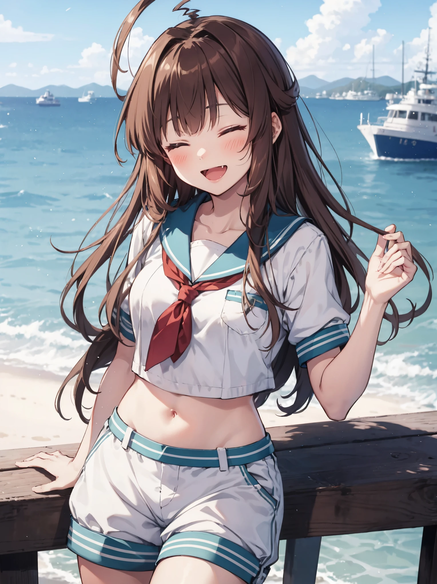 1young_teen_ girl,  brown_hair, long_hair, sailor_uniform,white_ baggy_shorts, short_sleeve, thighs, small_breasts, big_smile, open_mouth, fang, harbor_landscape_background, slightly_spread_legs, happiness, covered_crotch,ahoge,XD,exciting_posing,closed_eyes