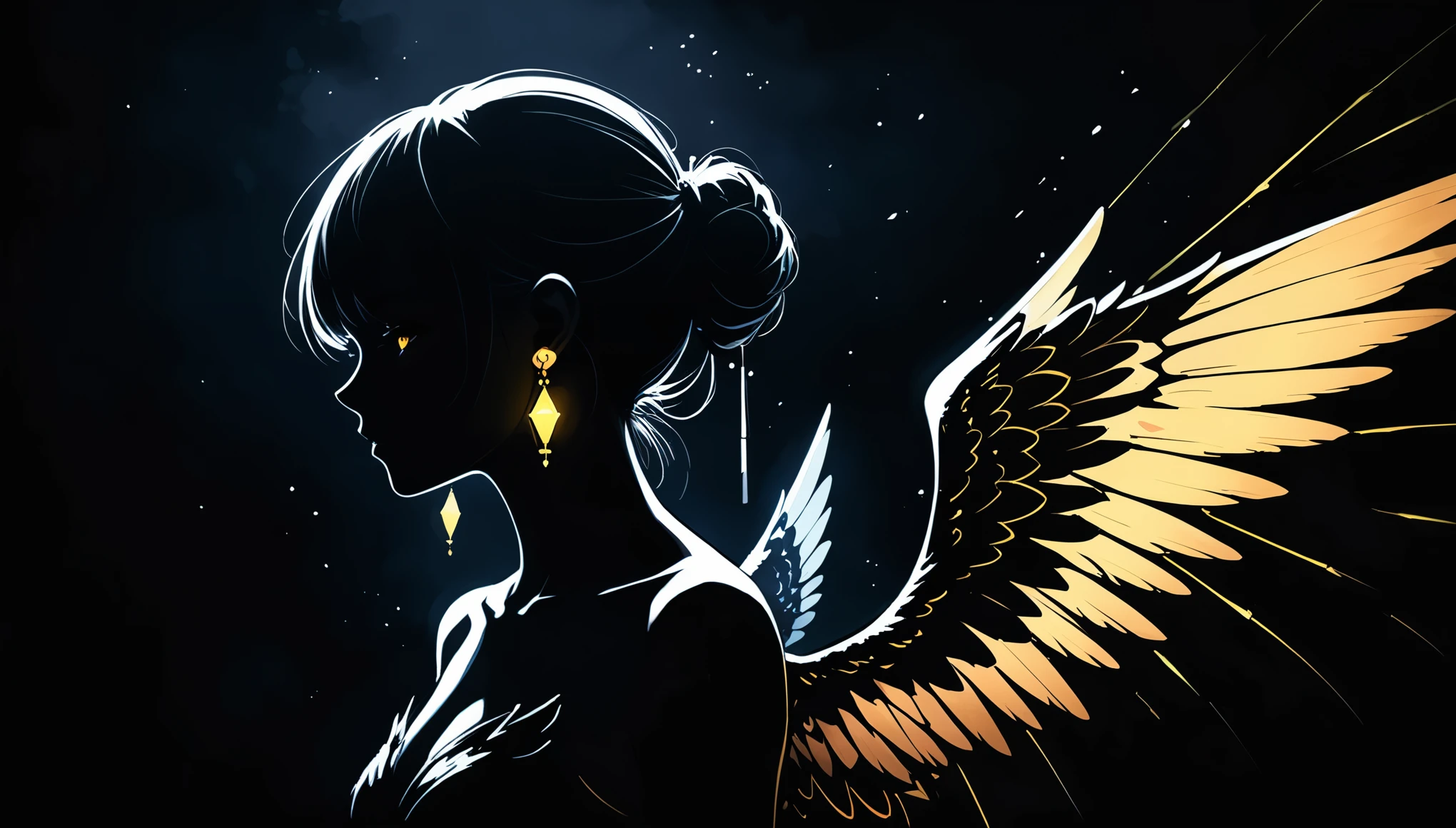 in style of Ashley Wood,in style of by Liu Ye,(in style of Santiago Caruso:0.9),
1girl,darkness,totally dark,in the incomprehensible gloom,1 girl,
(earrings emit intense bright light to break the darkness:1.3),faint lights,dark tones,absolutely dark glow,black_background,(obscured light:1.2),medium_shot,(the glow of the earrings illuminates the face collarbones and shoulders:1.1),(a strong contrast between light and darkness:1.2),from_side,light painting,lightline,anime illustration style,(light painted wings:1.3),light paints ear wings,silhouette,blurry,dithering,