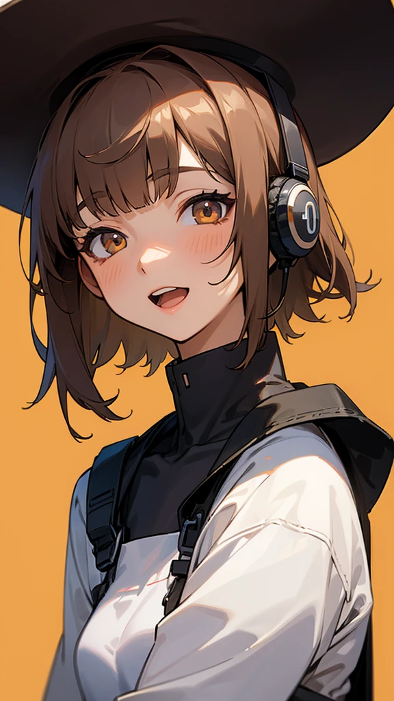 One girl, Brown Hair, Medium Hair, Textured skin, chest, Open your mouth, Bright Eyes, happiness/joy, Simple Background, Headphones worn behind the head, Anime Bangs, Minimalist, Dress up、Hair that hides one eye, Inner Color,