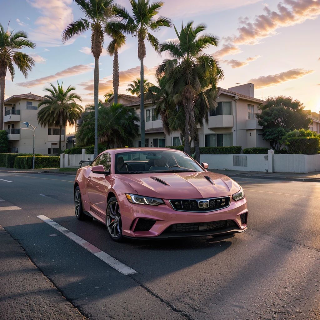 Image showcases a sleek, pink sports car with its scissor doors open, parked on a paved road. The car features white rims and a low-profile design, with a logo on the door. The background includes a scenic view of a city skyline under a partly cloudy sky, with a prominent palm tree and lush greenery on either side of the road. The overall setting suggests a serene, urban environment during either sunrise or sunset, casting a warm light over the scene.