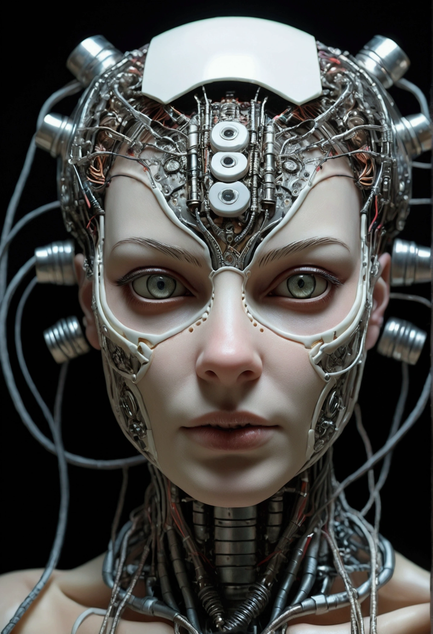 [Cat : girl : 7], chest, Porcelain Face, cyborg, Robot parts, 150mm, Beautiful studio soft light, Rim Light, Vivid details, cyber punk, hyperRealistic, Anatomical, Facial muscles, Cables and Wires, Microchip, h. R. Giger Style, Very detailed  (Realistic, photo-Realistic:1.37),wonderful, Every detail