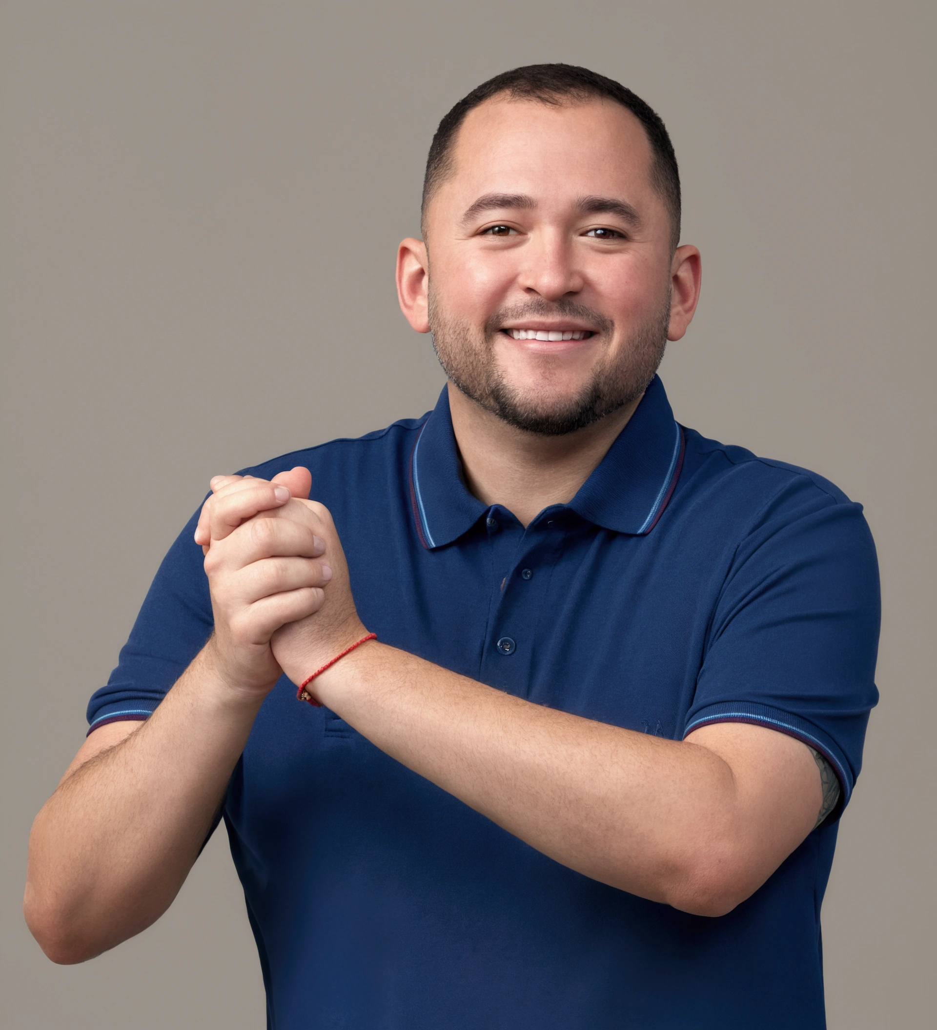 Pixar-style: Create a vibrant, whimsical Pixar-style illustration of a man with light skin, short beard and very short hair. He is wearing a navy blue polo shirt and a red bracelet on his right wrist.. The man has a friendly smile and is clapping his hands. The background is a neutral and simple color, which helps emphasize the subject&#39;s warm and approachable demeanor. The art style should resemble animated series, com linhas limpas, bright colors and a happy, energetic vibe, capturing the texture of the fabric, the subtle tones of your skin and the expression on your face in a fun and engaging way.